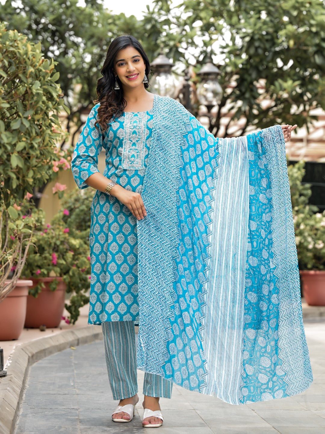 Juniper Women's Blue Ethnic Motif Printed Cotton Kurta, Pant And Dupatta Set With Zari Work | Grocsy