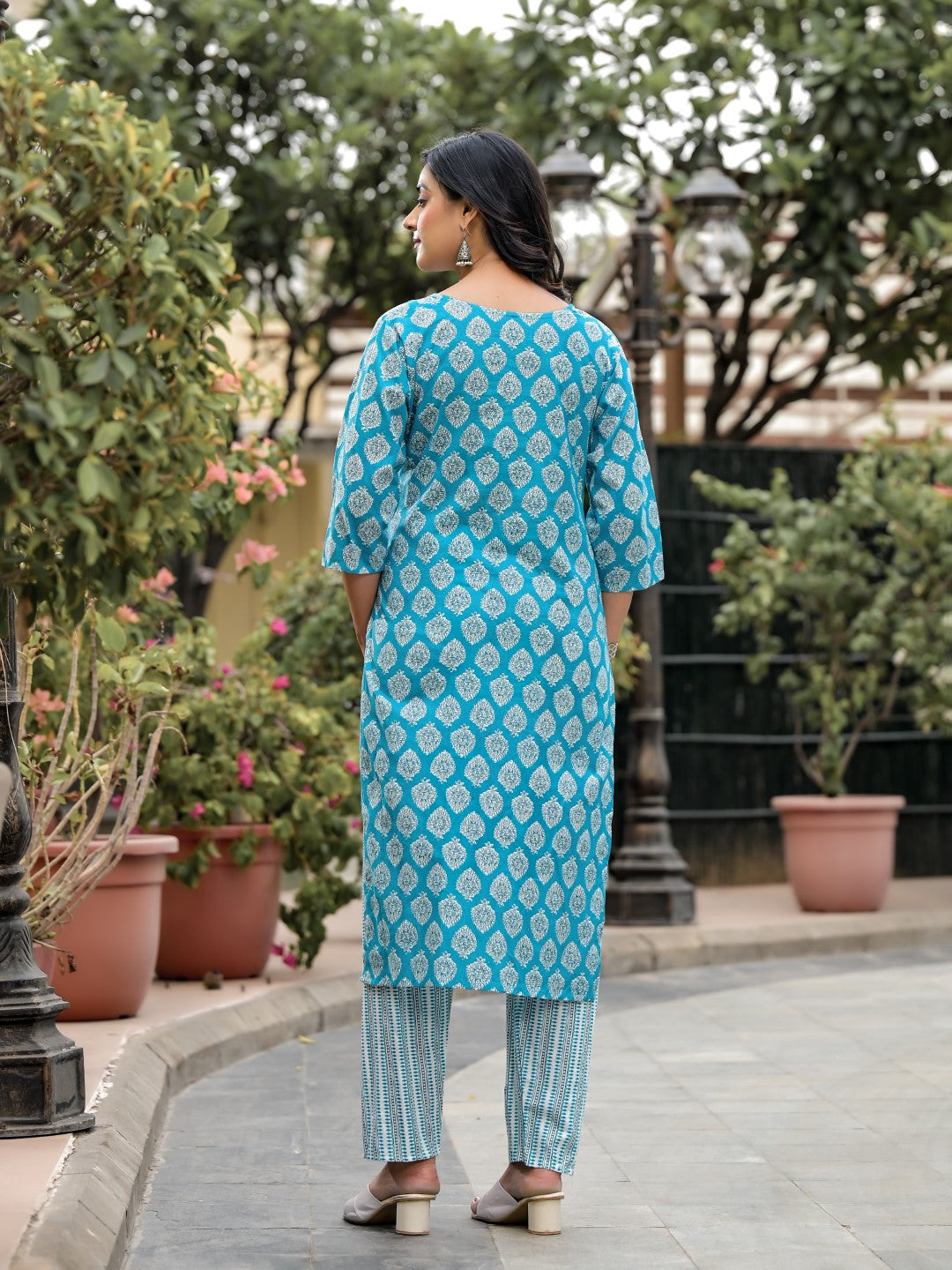 Juniper Women's Blue Ethnic Motif Printed Cotton Kurta, Pant And Dupatta Set With Zari Work | Grocsy