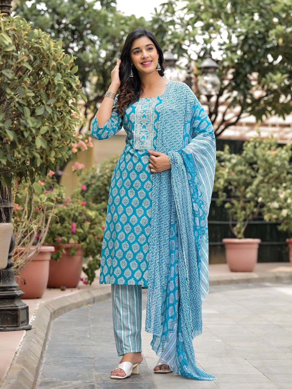 Juniper Women's Blue Ethnic Motif Printed Cotton Kurta, Pant And Dupatta Set With Zari Work | Grocsy