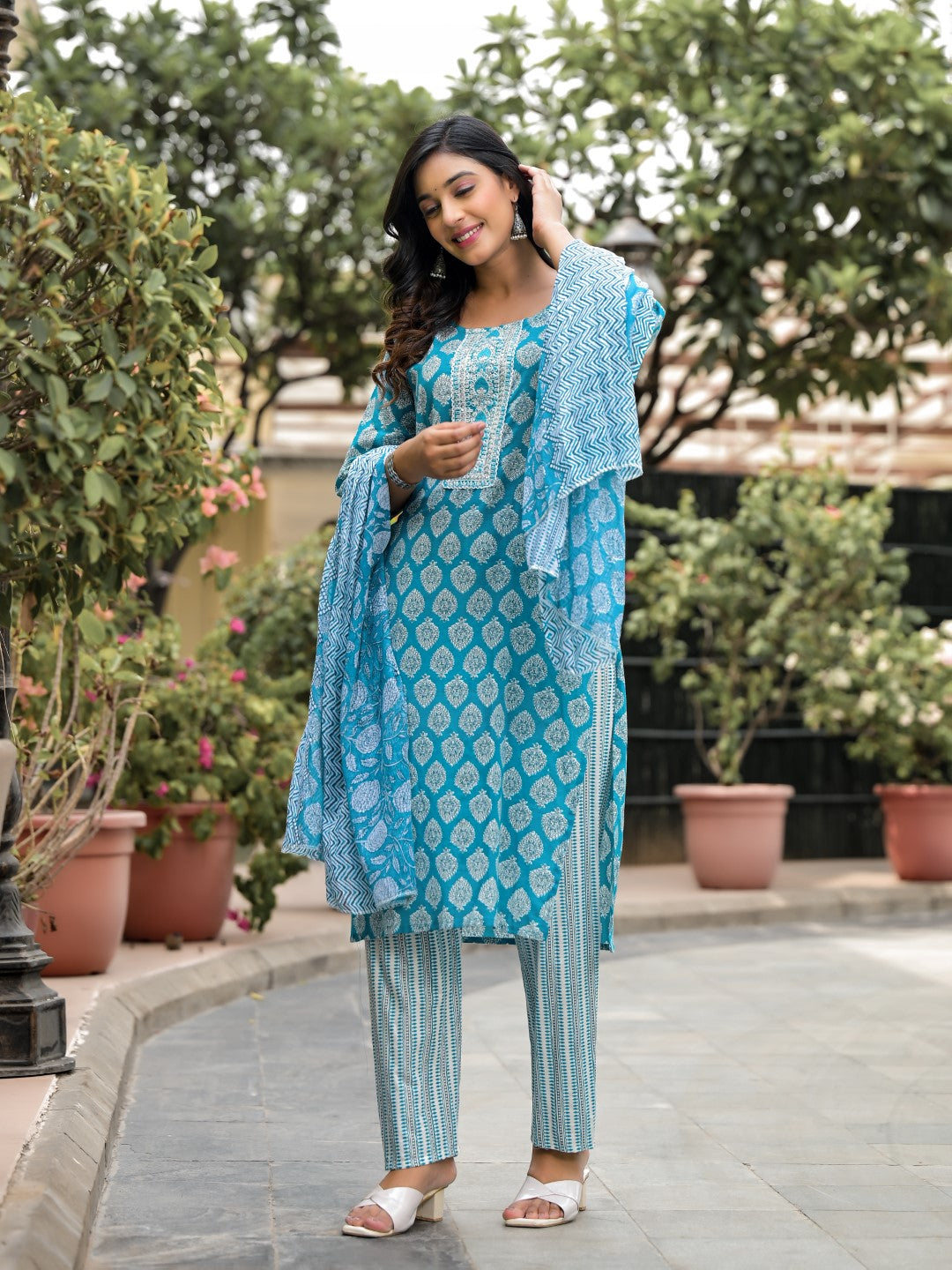 Juniper Women's Blue Ethnic Motif Printed Cotton Kurta, Pant And Dupatta Set With Zari Work | Grocsy