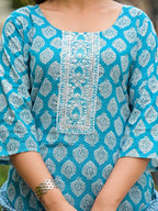 Juniper Women's Blue Ethnic Motif Printed Cotton Kurta, Pant And Dupatta Set With Zari Work | Grocsy