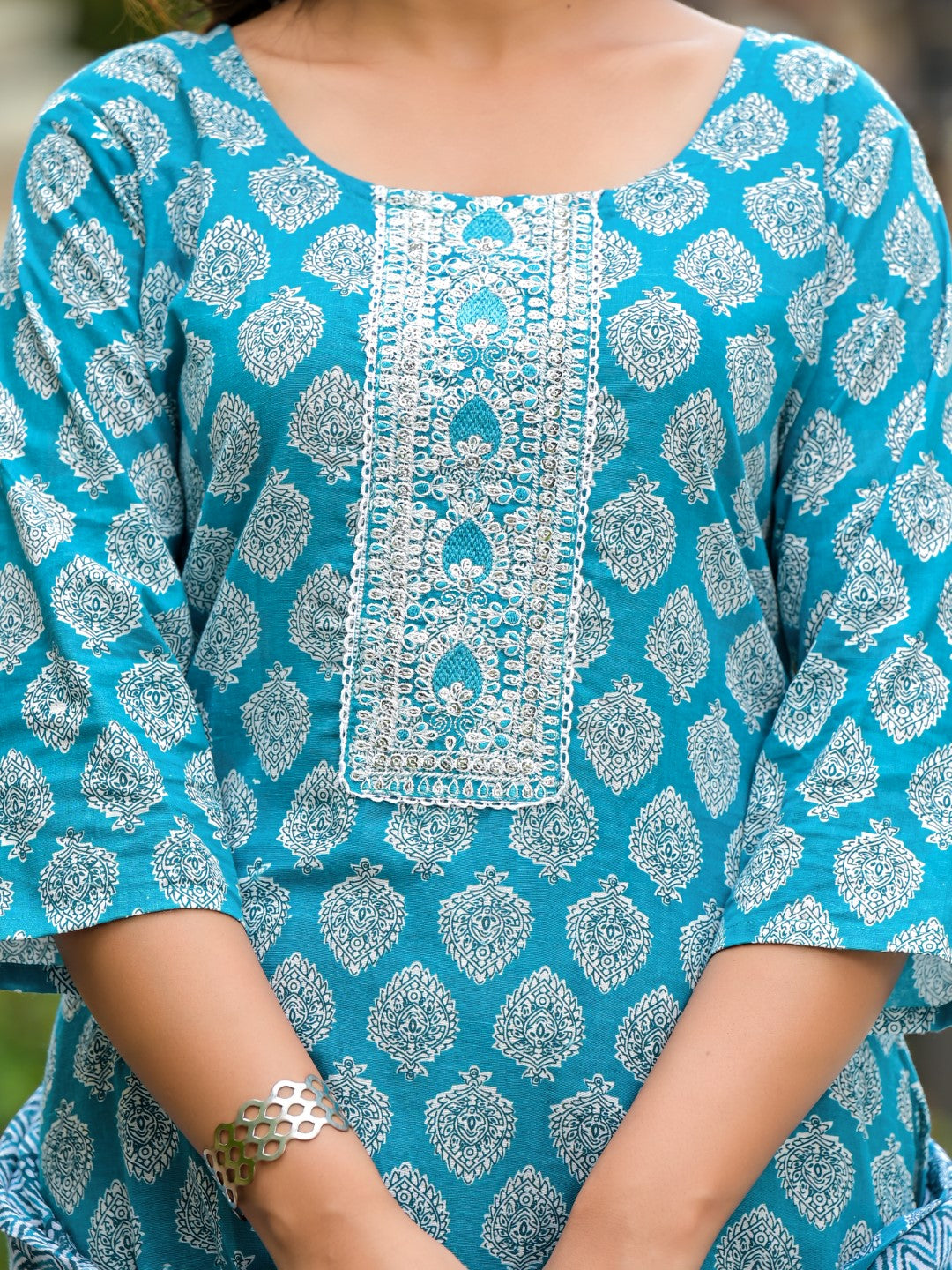 Juniper Women's Blue Ethnic Motif Printed Cotton Kurta, Pant And Dupatta Set With Zari Work | Grocsy
