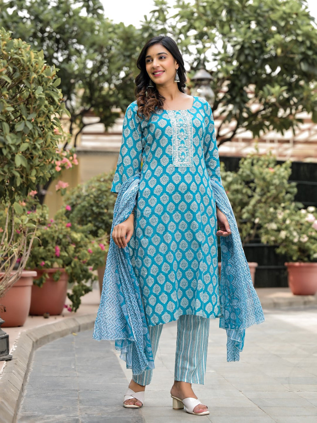 Juniper Women's Blue Ethnic Motif Printed Cotton Kurta, Pant And Dupatta Set With Zari Work | Grocsy
