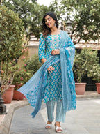Juniper Women's Blue Ethnic Motif Printed Cotton Kurta, Pant And Dupatta Set With Zari Work | Grocsy