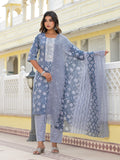 Juniper Women's Grey Ethnic Motif Printed Cotton Kurta, Pant And Dupatta Set With Thread & Zari Work | Grocsy