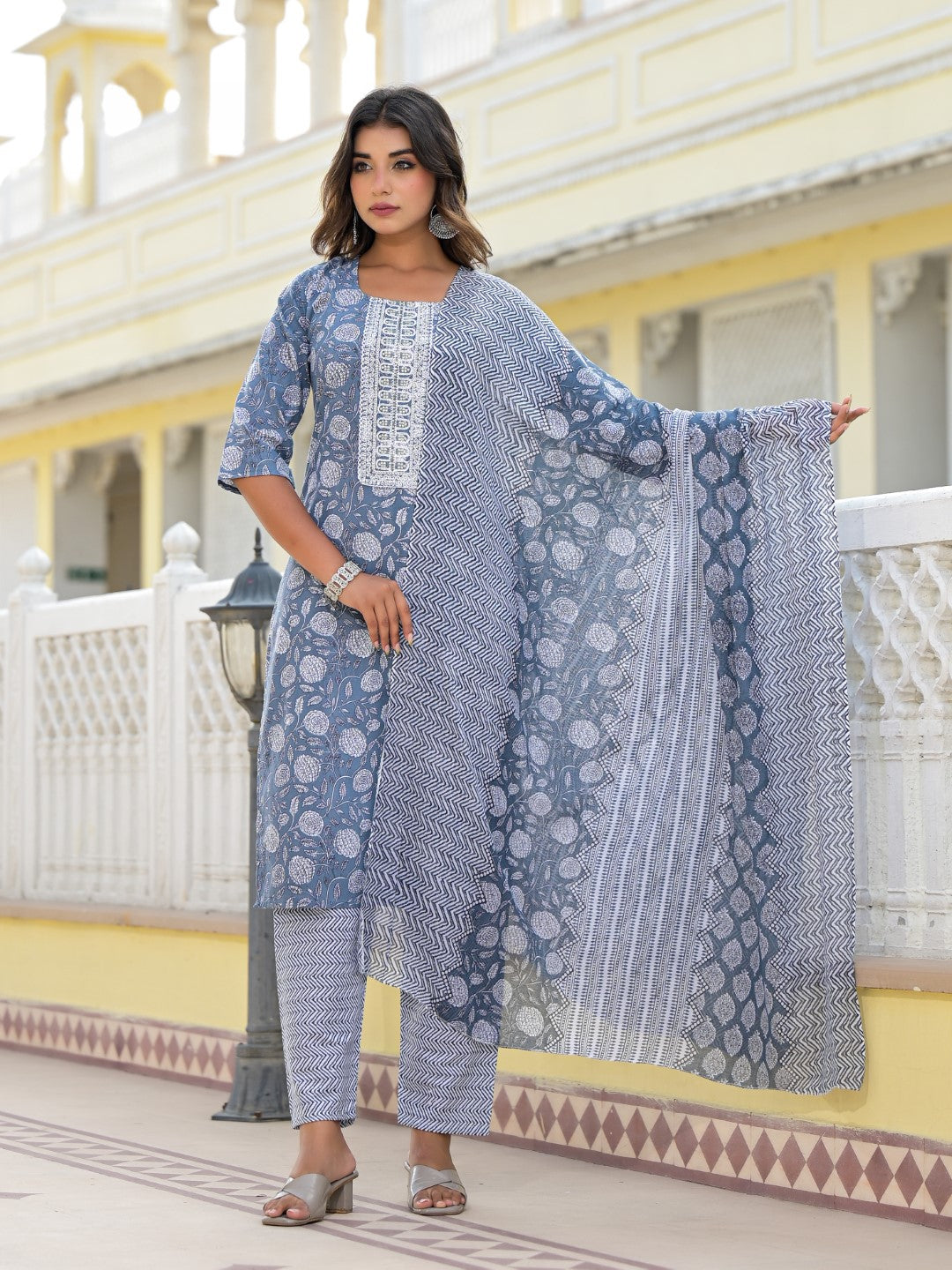 Juniper Women's Grey Ethnic Motif Printed Cotton Kurta, Pant And Dupatta Set With Thread & Zari Work | Grocsy