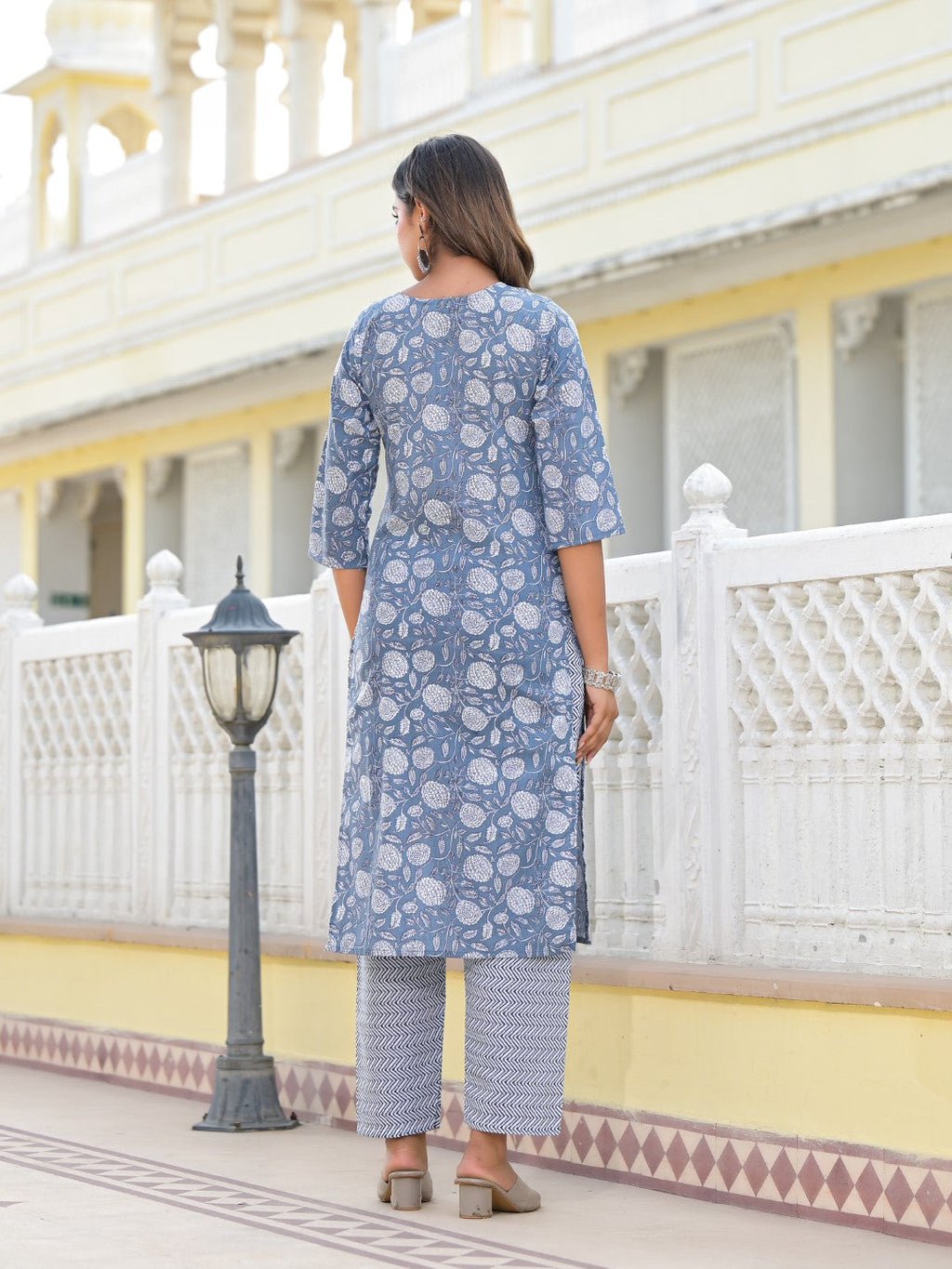 Juniper Women's Grey Ethnic Motif Printed Cotton Kurta, Pant And Dupatta Set With Thread & Zari Work | Grocsy