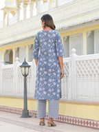 Juniper Women's Grey Ethnic Motif Printed Cotton Kurta, Pant And Dupatta Set With Thread & Zari Work | Grocsy