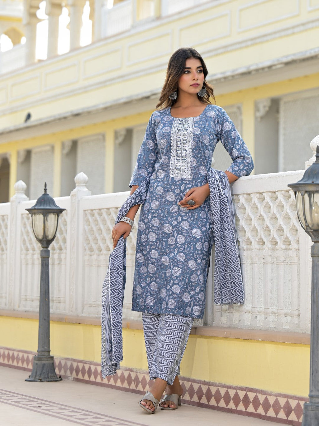 Juniper Women's Grey Ethnic Motif Printed Cotton Kurta, Pant And Dupatta Set With Thread & Zari Work | Grocsy