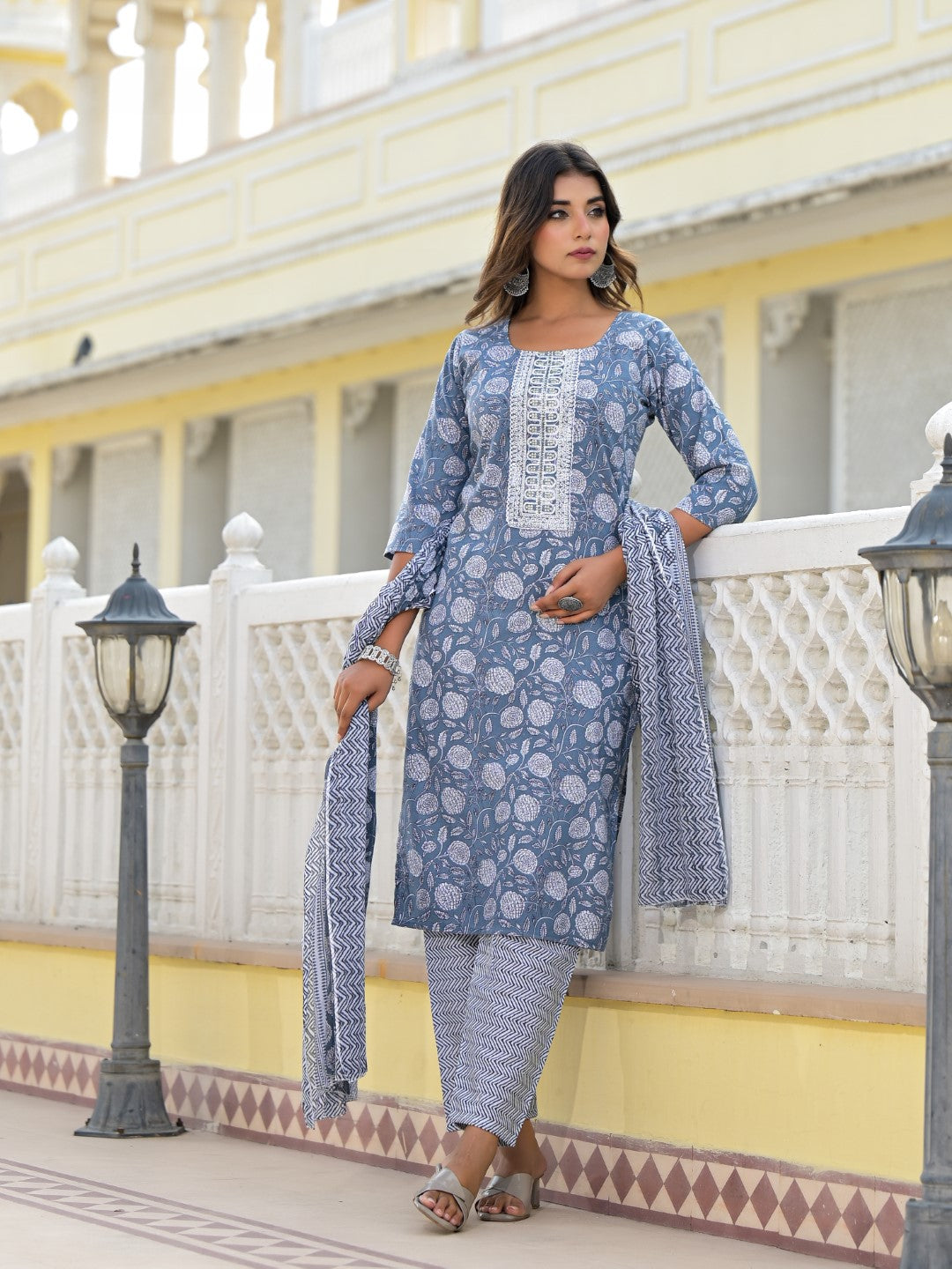 Juniper Women's Grey Ethnic Motif Printed Cotton Kurta, Pant And Dupatta Set With Thread & Zari Work | Grocsy