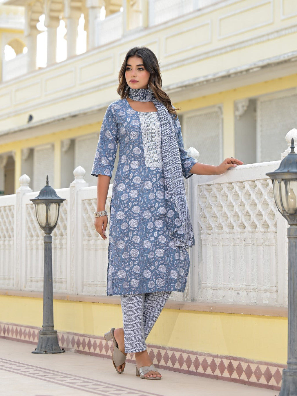 Juniper Women's Grey Ethnic Motif Printed Cotton Kurta, Pant And Dupatta Set With Thread & Zari Work | Grocsy