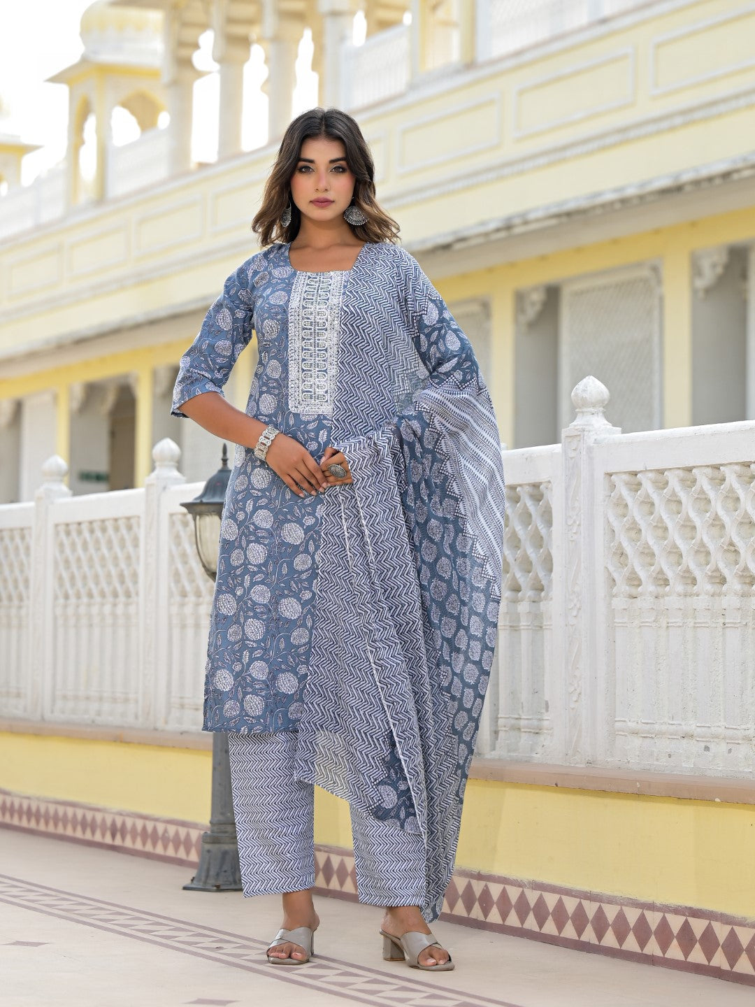 Juniper Women's Grey Ethnic Motif Printed Cotton Kurta, Pant And Dupatta Set With Thread & Zari Work | Grocsy