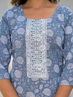 Juniper Women's Grey Ethnic Motif Printed Cotton Kurta, Pant And Dupatta Set With Thread & Zari Work | Grocsy