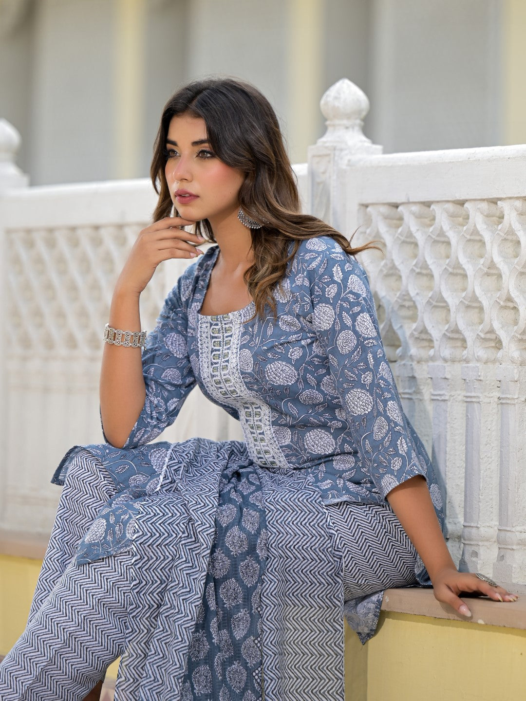 Juniper Women's Grey Ethnic Motif Printed Cotton Kurta, Pant And Dupatta Set With Thread & Zari Work | Grocsy