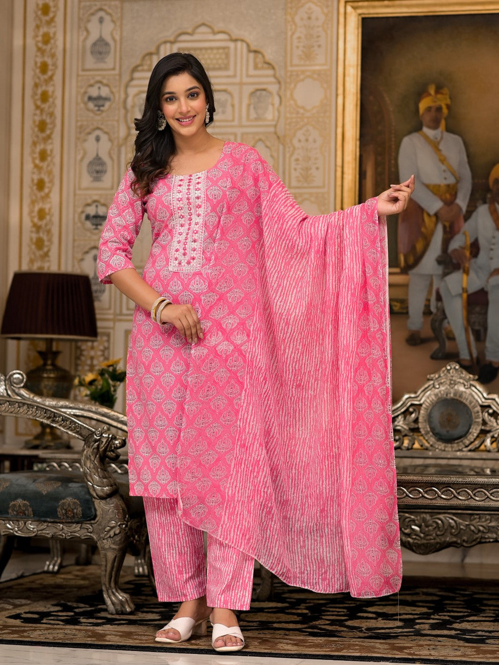Juniper Women's Pink Ethnic Motif Printed Cotton Kurta, Pant And Dupatta Set With Thread And Mirror Work | Grocsy