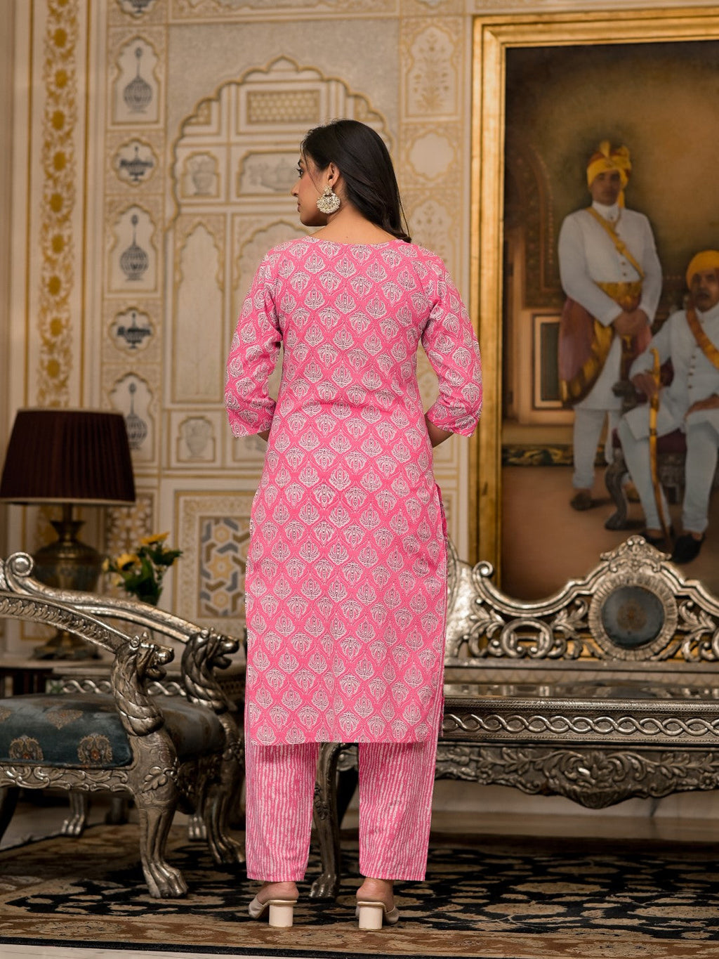 Juniper Women's Pink Ethnic Motif Printed Cotton Kurta, Pant And Dupatta Set With Thread And Mirror Work | Grocsy