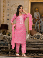 Juniper Women's Pink Ethnic Motif Printed Cotton Kurta, Pant And Dupatta Set With Thread And Mirror Work | Grocsy
