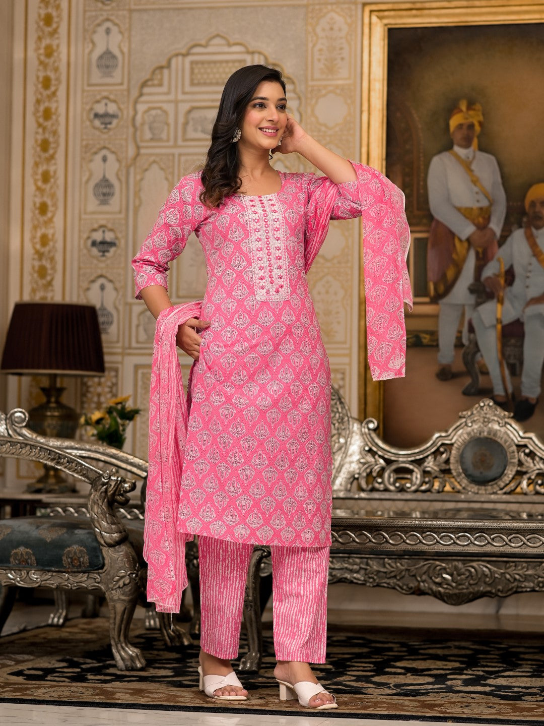 Juniper Women's Pink Ethnic Motif Printed Cotton Kurta, Pant And Dupatta Set With Thread And Mirror Work | Grocsy