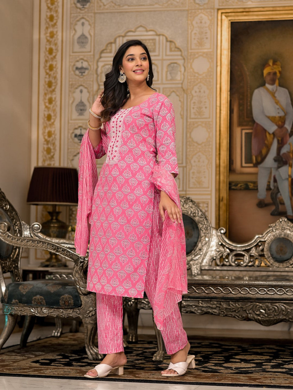 Juniper Women's Pink Ethnic Motif Printed Cotton Kurta, Pant And Dupatta Set With Thread And Mirror Work | Grocsy