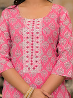 Juniper Women's Pink Ethnic Motif Printed Cotton Kurta, Pant And Dupatta Set With Thread And Mirror Work | Grocsy
