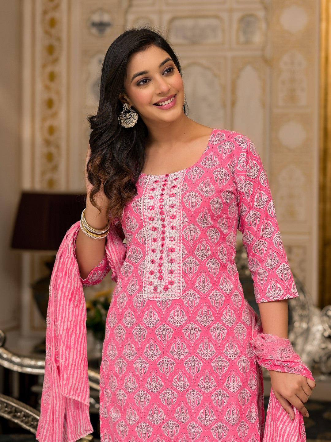 Juniper Women's Pink Ethnic Motif Printed Cotton Kurta, Pant And Dupatta Set With Thread And Mirror Work | Grocsy
