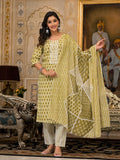 Juniper Women's Green Ethnic Motif Printed Cotton Kurta, Pant And Dupatta Set With Thread & Mirror Work | Grocsy