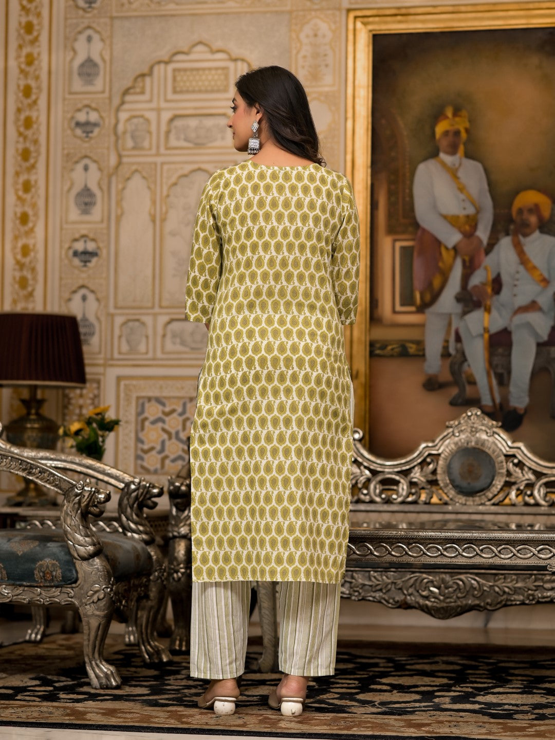 Juniper Women's Green Ethnic Motif Printed Cotton Kurta, Pant And Dupatta Set With Thread & Mirror Work | Grocsy
