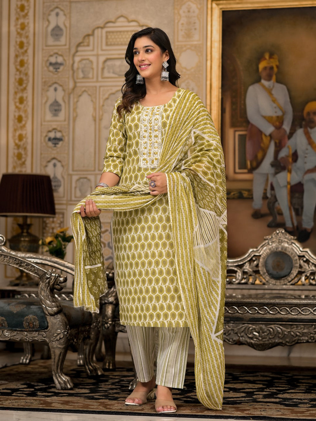 Juniper Women's Green Ethnic Motif Printed Cotton Kurta, Pant And Dupatta Set With Thread & Mirror Work | Grocsy