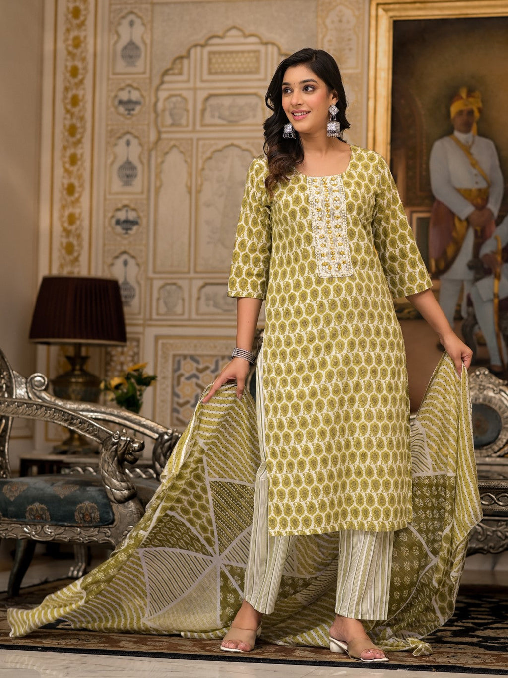 Juniper Women's Green Ethnic Motif Printed Cotton Kurta, Pant And Dupatta Set With Thread & Mirror Work | Grocsy