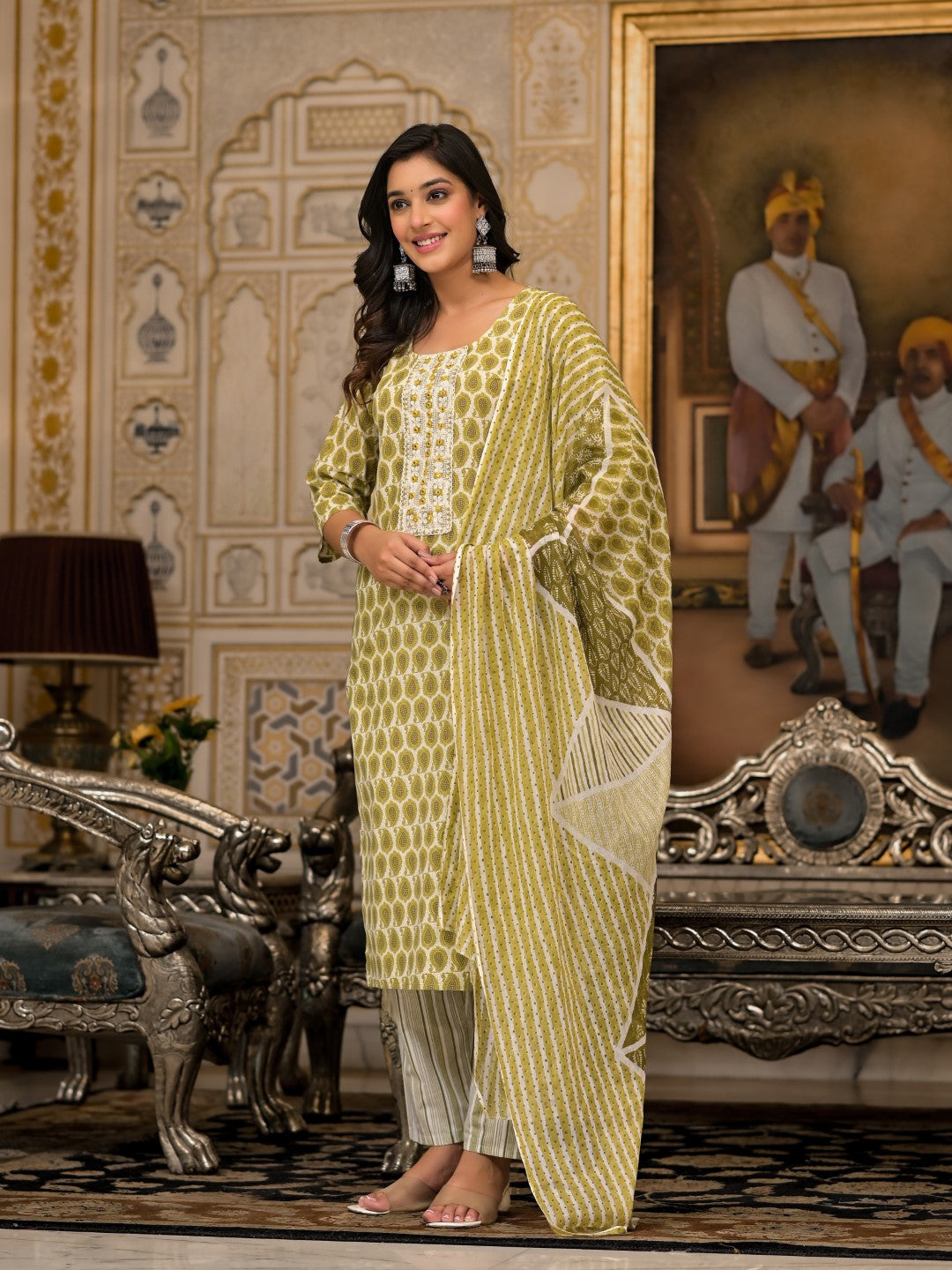 Juniper Women's Green Ethnic Motif Printed Cotton Kurta, Pant And Dupatta Set With Thread & Mirror Work | Grocsy