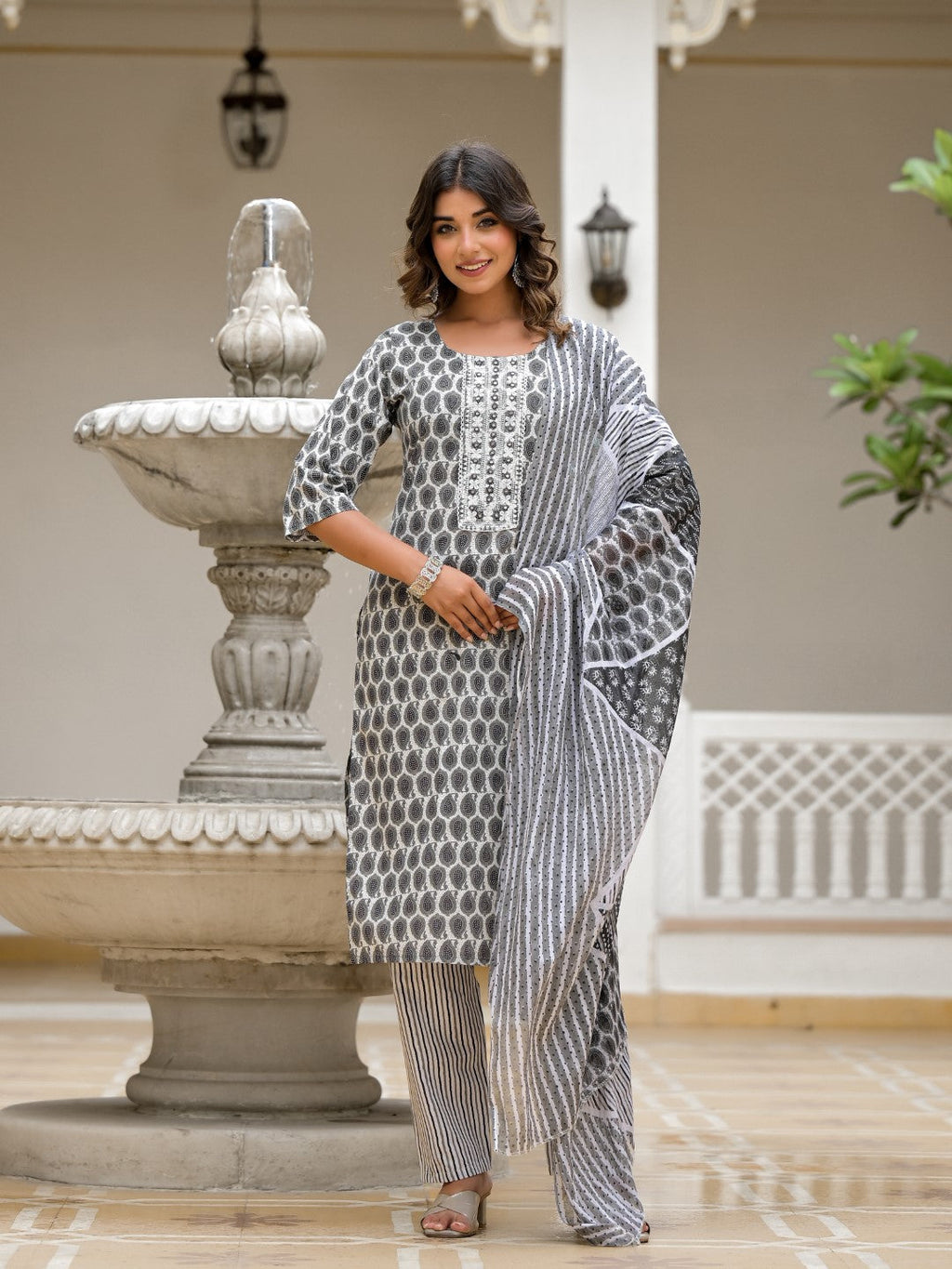 Juniper Women's Grey Ethnic Motif Printed Cotton Kurta, Pant And Dupatta Set With Thread & Mirror Work | Grocsy
