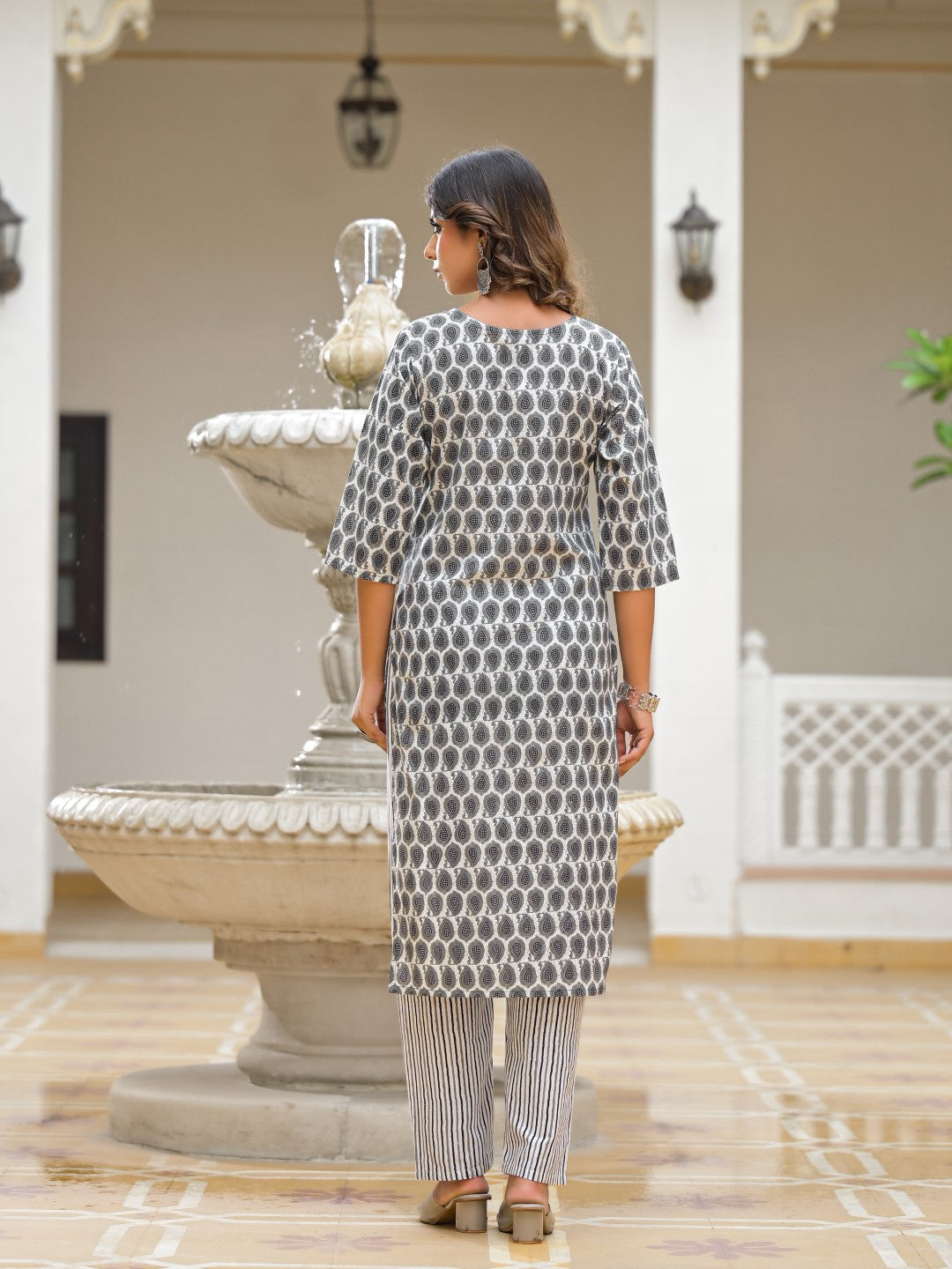 Juniper Women's Grey Ethnic Motif Printed Cotton Kurta, Pant And Dupatta Set With Thread & Mirror Work | Grocsy