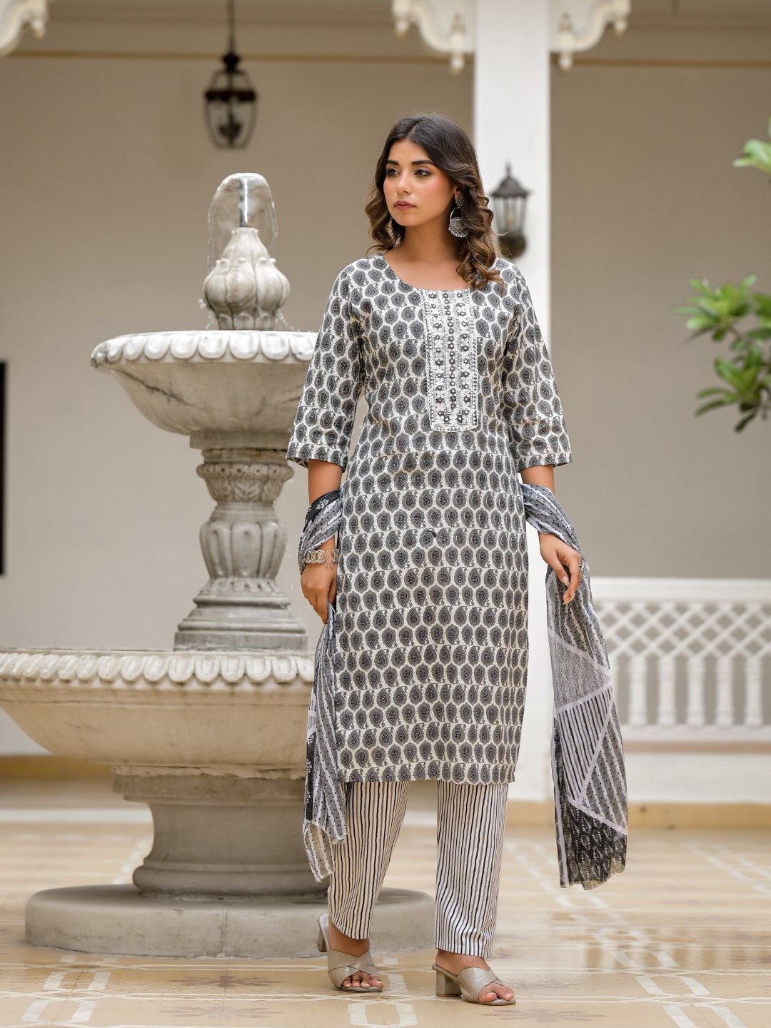 Juniper Women's Grey Ethnic Motif Printed Cotton Kurta, Pant And Dupatta Set With Thread & Mirror Work | Grocsy