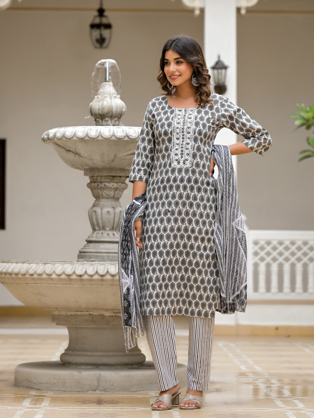 Juniper Women's Grey Ethnic Motif Printed Cotton Kurta, Pant And Dupatta Set With Thread & Mirror Work | Grocsy