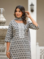 Juniper Women's Grey Ethnic Motif Printed Cotton Kurta, Pant And Dupatta Set With Thread & Mirror Work | Grocsy