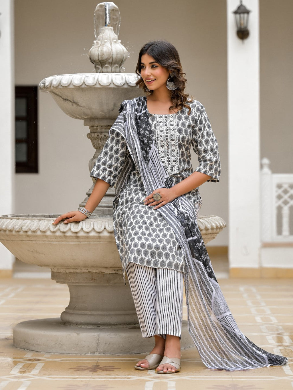 Juniper Women's Grey Ethnic Motif Printed Cotton Kurta, Pant And Dupatta Set With Thread & Mirror Work | Grocsy