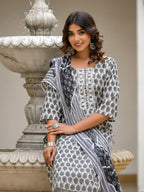 Juniper Women's Grey Ethnic Motif Printed Cotton Kurta, Pant And Dupatta Set With Thread & Mirror Work | Grocsy