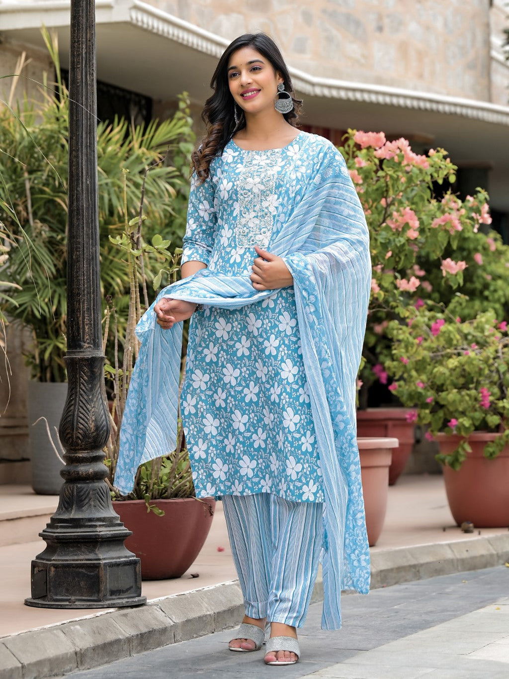 Juniper Women's Blue Floral Printed Cotton Kurta, Pant And Dupatta Set With Thread & Mirror Work | Grocsy