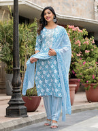 Juniper Women's Blue Floral Printed Cotton Kurta, Pant And Dupatta Set With Thread & Mirror Work | Grocsy