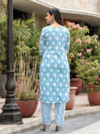 Juniper Women's Blue Floral Printed Cotton Kurta, Pant And Dupatta Set With Thread & Mirror Work | Grocsy