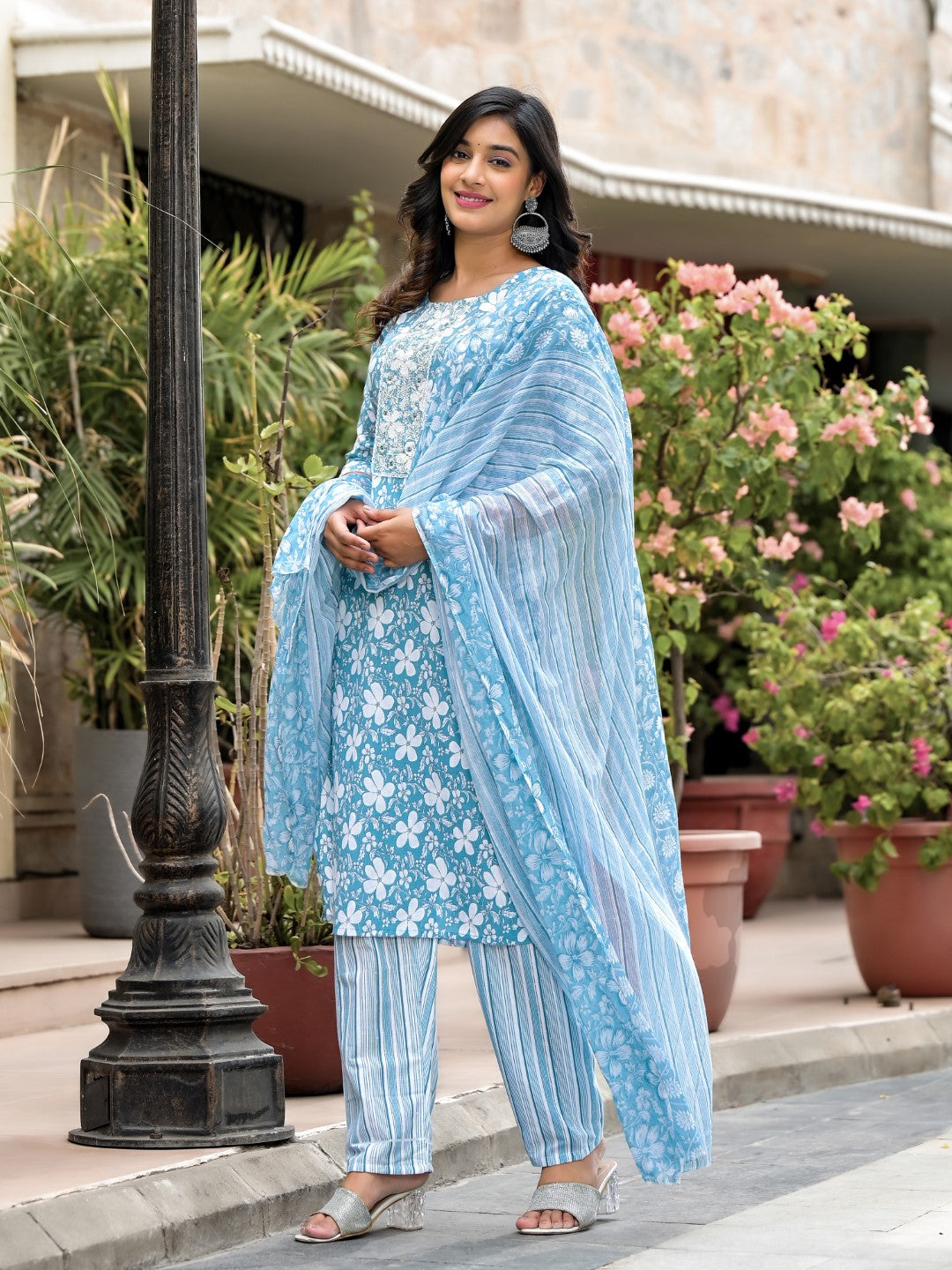Juniper Women's Blue Floral Printed Cotton Kurta, Pant And Dupatta Set With Thread & Mirror Work | Grocsy