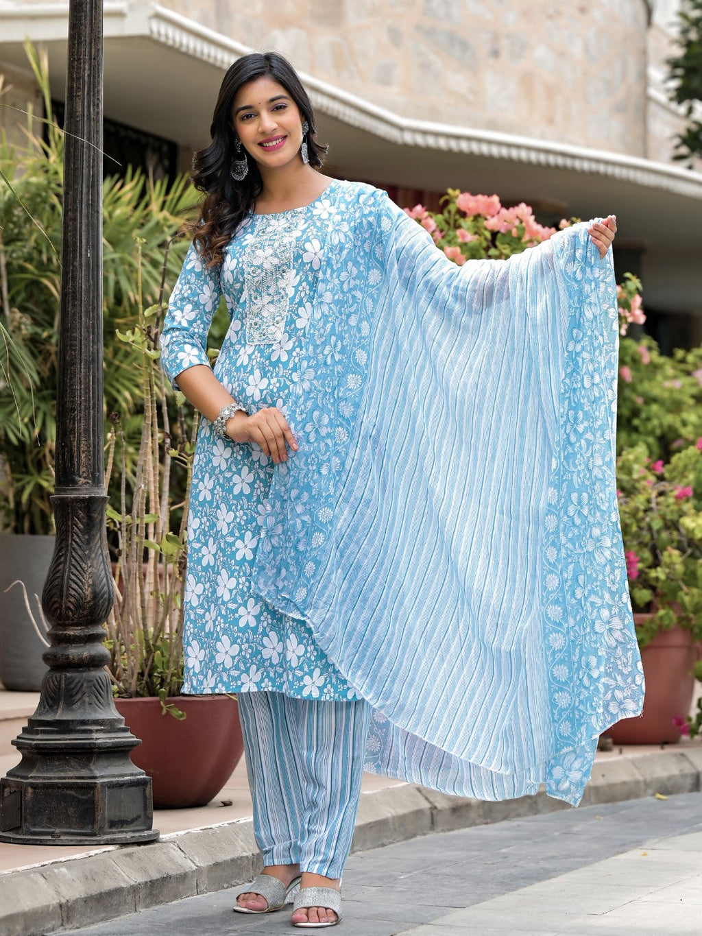 Juniper Women's Blue Floral Printed Cotton Kurta, Pant And Dupatta Set With Thread & Mirror Work | Grocsy