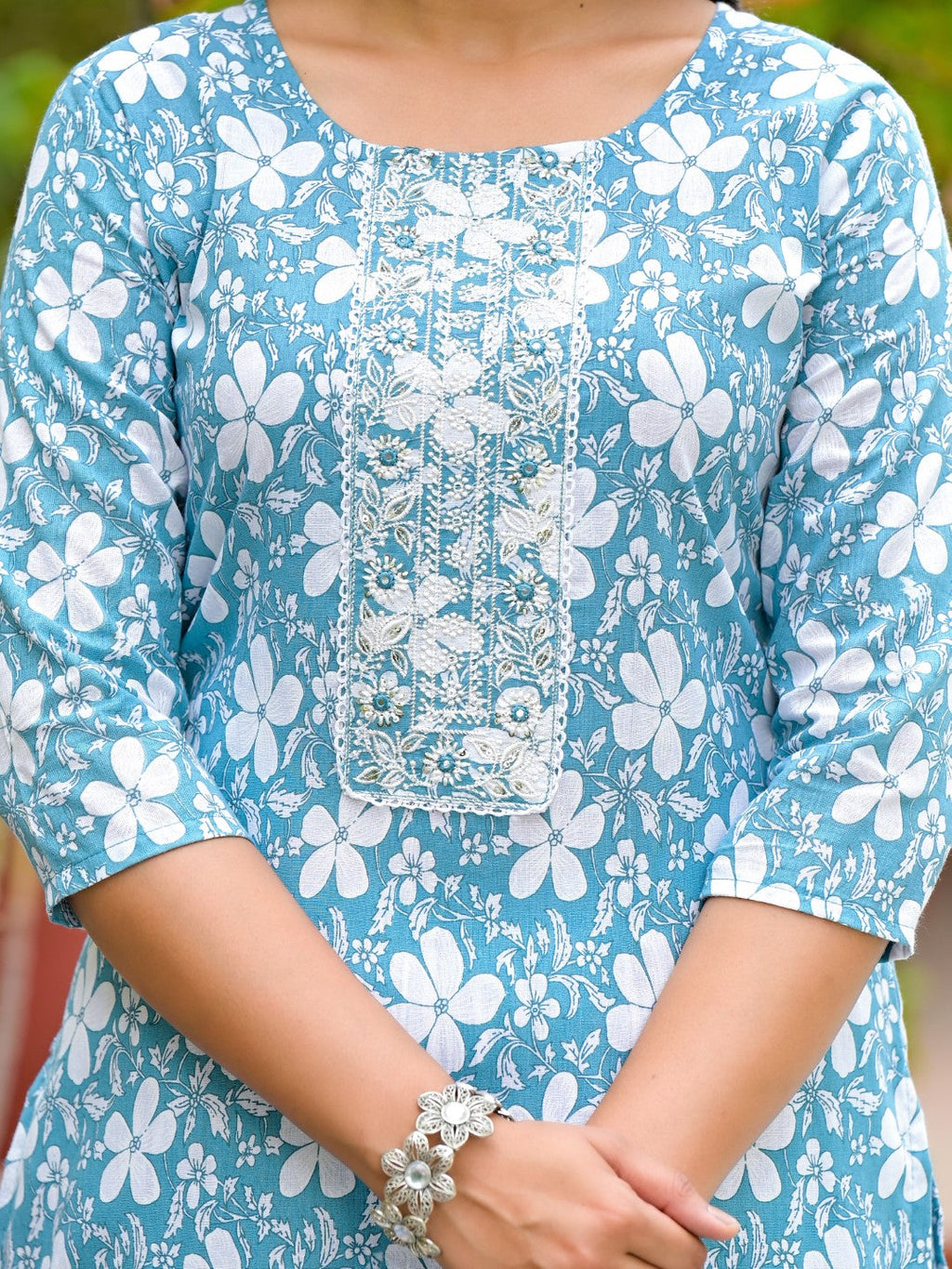 Juniper Women's Blue Floral Printed Cotton Kurta, Pant And Dupatta Set With Thread & Mirror Work | Grocsy