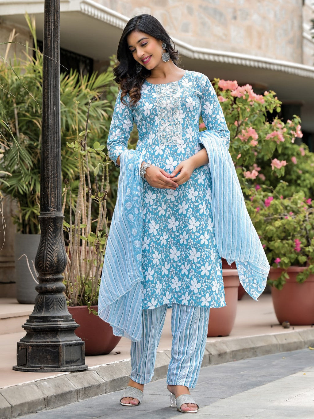 Juniper Women's Blue Floral Printed Cotton Kurta, Pant And Dupatta Set With Thread & Mirror Work | Grocsy