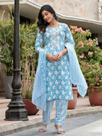Juniper Women's Blue Floral Printed Cotton Kurta, Pant And Dupatta Set With Thread & Mirror Work | Grocsy