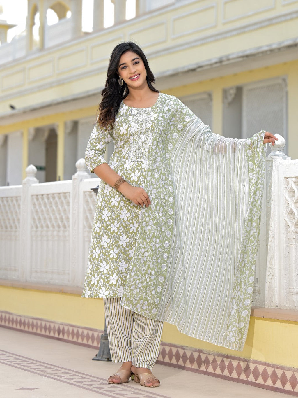 Juniper Women's Green Floral Printed Cotton Kurta, Pant And Dupatta Set With Thread & Mirror Work | Grocsy
