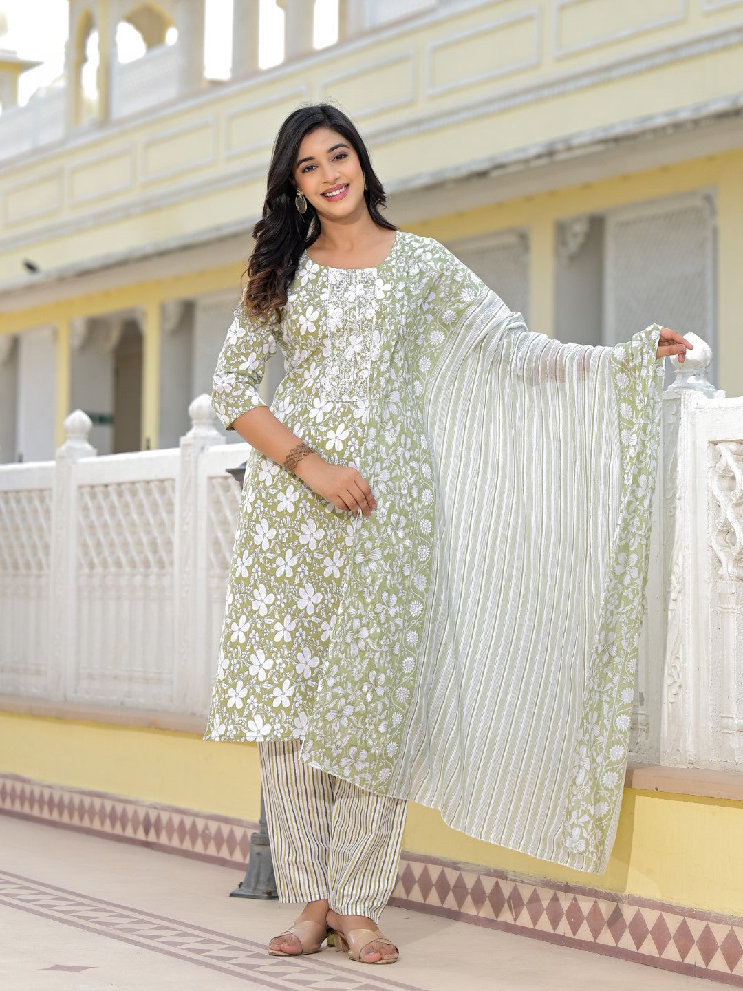 Juniper Women's Green Floral Printed Cotton Kurta, Pant And Dupatta Set With Thread & Mirror Work | Grocsy