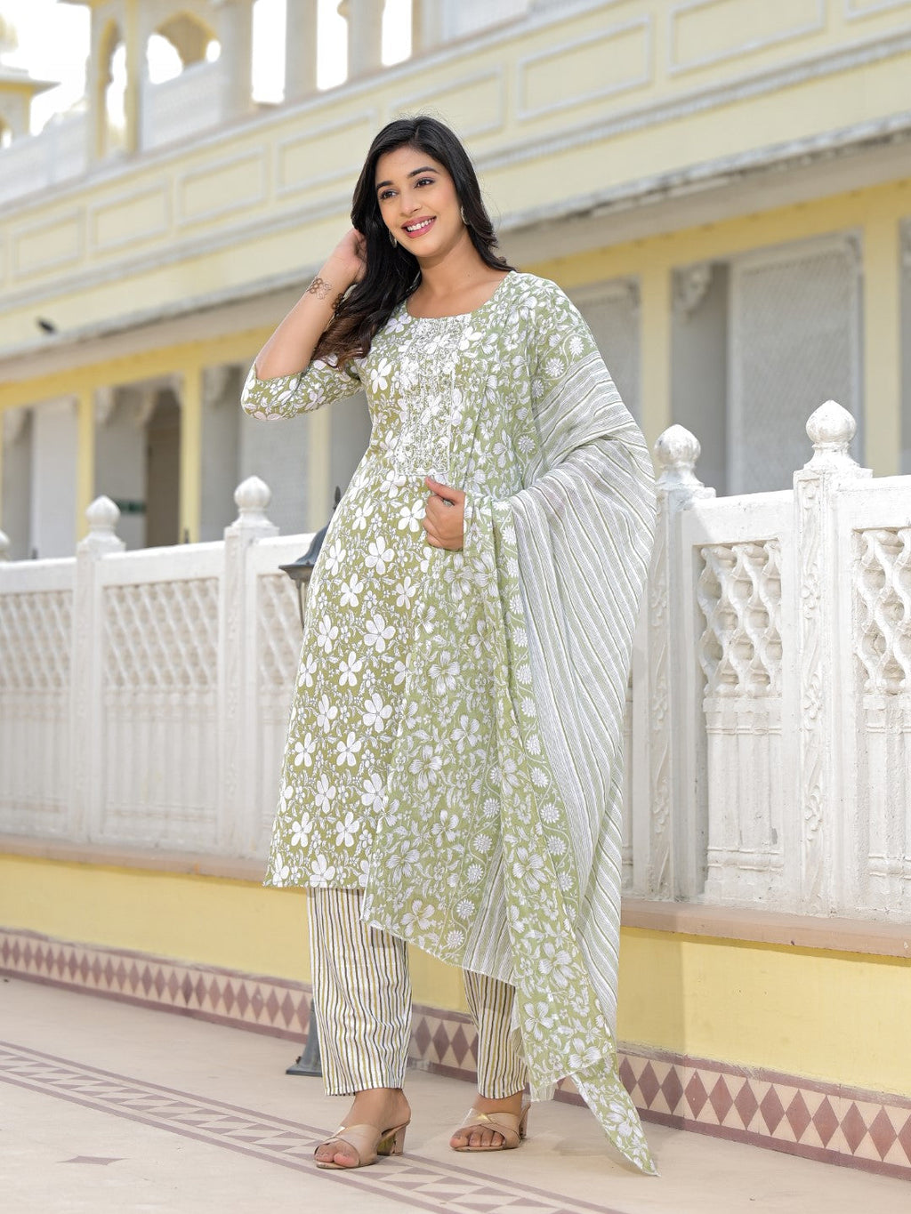 Juniper Women's Green Floral Printed Cotton Kurta, Pant And Dupatta Set With Thread & Mirror Work | Grocsy