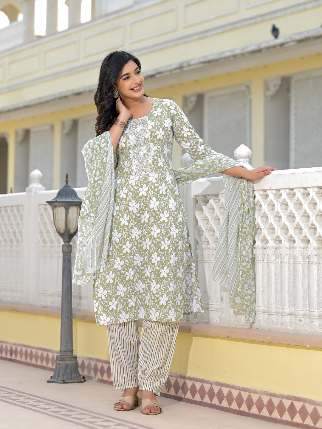 Juniper Women's Green Floral Printed Cotton Kurta, Pant And Dupatta Set With Thread & Mirror Work | Grocsy