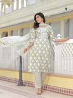 Juniper Women's Green Floral Printed Cotton Kurta, Pant And Dupatta Set With Thread & Mirror Work | Grocsy